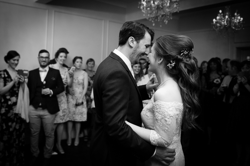 Black and white picture of first dance at wedding in Amersham