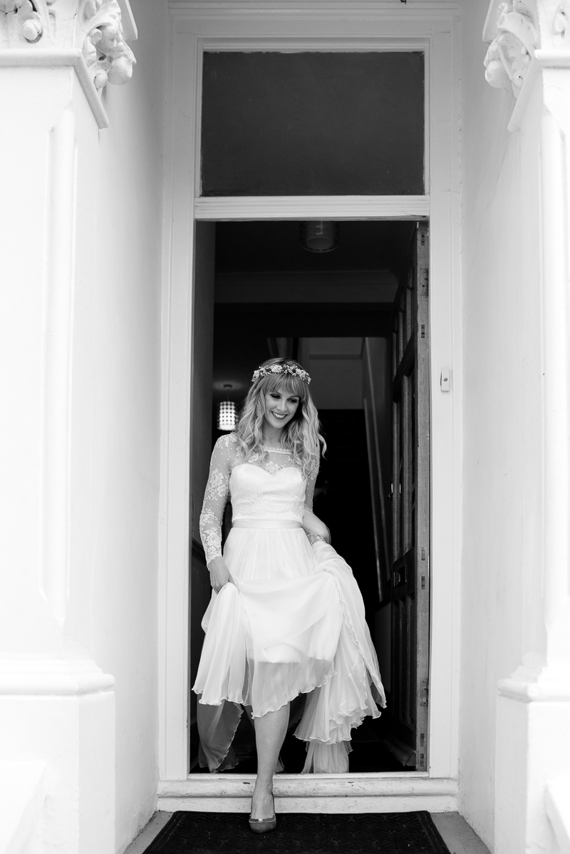 Bride leaving the house on way to Tanner Warehouse wedding