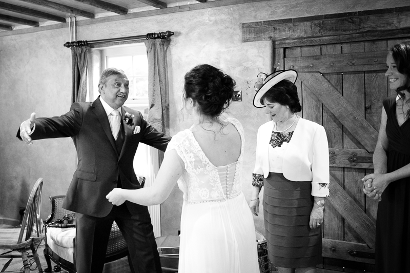 Bride greeting Dad at Ridge Farm wedding