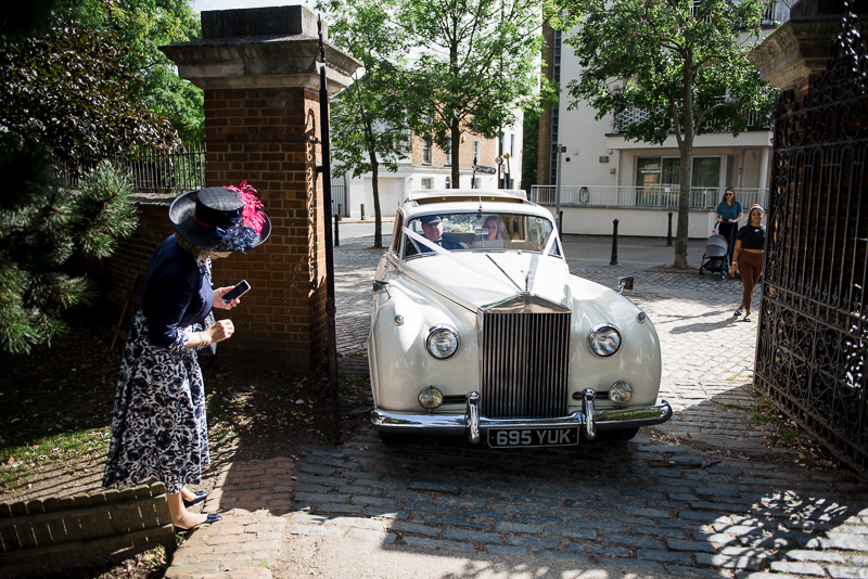 Bride arrives in Rolls Royce at St Mary's Church Battersea