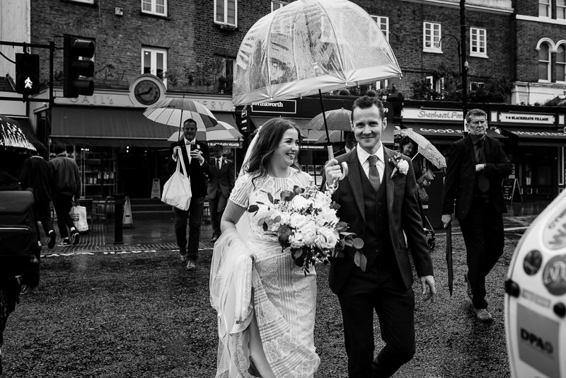 Black and white documentary wedding photo of Fulham wedding