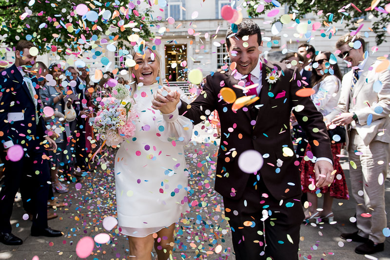 Colourful confetti at Hackney Town Hall wedding